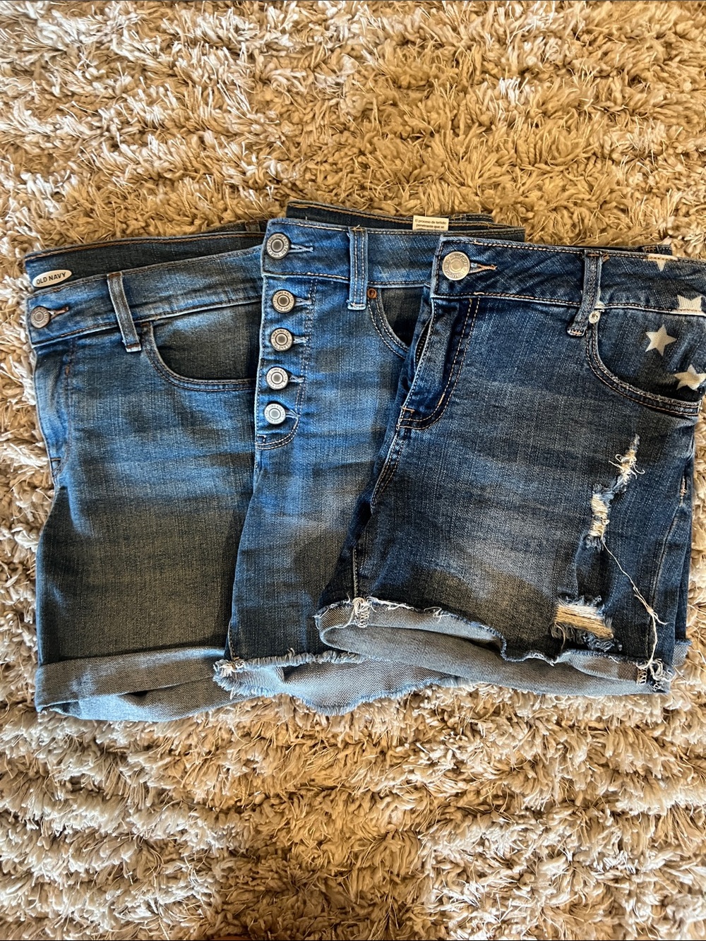 Old Navy Blue Denim Shorts Trio - Rolled Hem, Button-Fly & Distressed Stars